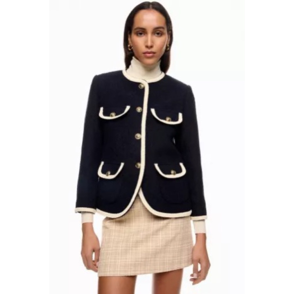 Sandro Jill Contrast Trim Tweed Jacket In Marine Navy NWT Size 38 FR/ Large US